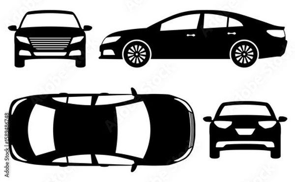 Fototapeta Car silhouette on a white background. Vehicle icons set view from the side, front, back, and top.