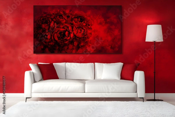 Obraz Red wall art, a white sofa, and a lamp in a red room with a white carpet