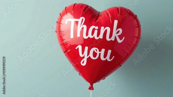 Obraz A glossy red heart-shaped balloon with "Thank You" written in white floats against a soft blue background, symbolizing gratitude, love, and appreciation. Celebrations, Cards, and gifts.