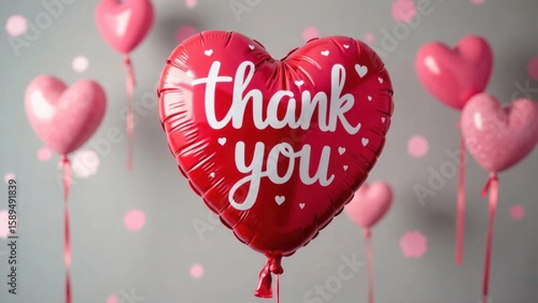 Obraz A vibrant scene of multiple glossy red balloons with "Thank You" text floating amidst confetti, symbolizing celebration, gratitude, and joy. Events, parties. Festive greetings.
