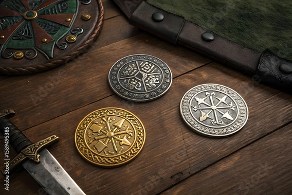 Obraz Medieval shields and sword create captivating scene of valor and history
