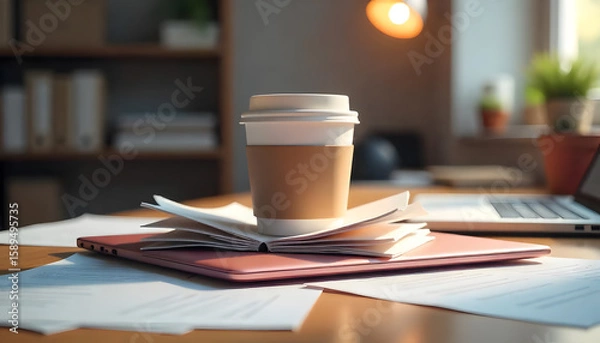 Obraz paper coffee cup sits on open book, surrounded by documents and laptop, creating cozy workspace