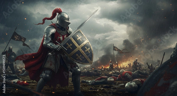 Obraz brave knight stands resolute on battlefield, surrounded by chaos and fallen warriors