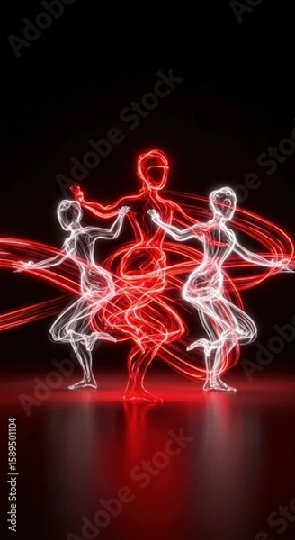 Fototapeta Dynamic Dance Trio: Neon Light Trails Capture Graceful Movement in Abstract Artistic Expression
