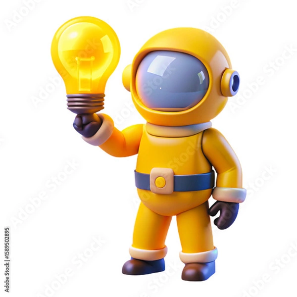 Fototapeta Cartoon astronaut holding a glowing light bulb symbolizing a new idea