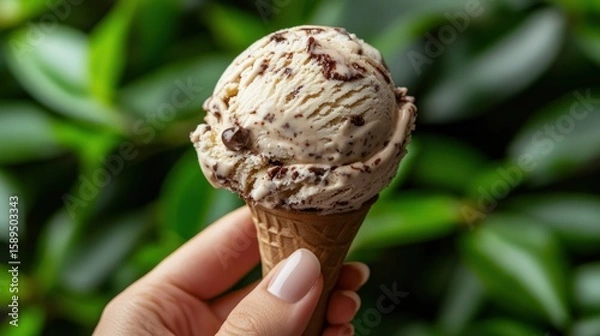 Fototapeta Hand holding ice cream cone with scoop of vanilla chocolate chip ice cream against out-of-focus green leaves