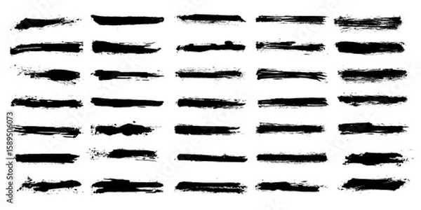 Fototapeta Set of black grunge ink paint brush strokes. Brush stroke collection on transparent background. Hand drawn strokes for paint texture, grunge banner, grunge callout, and abstract backdrop.