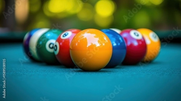 Fototapeta Pool balls in a close-up shot on a teal-green table