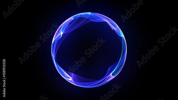 Fototapeta Abstract 3d sphere of purple and blue neon gradient particle waves. Artificial Intelligence concept, virtual assistant, future technology, innovations. Vibrant energy sphere, glowing 3d orb.