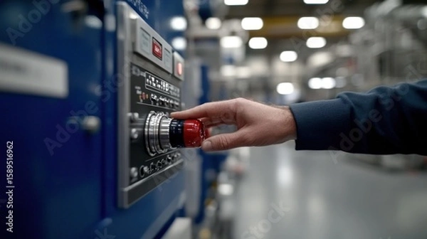 Fototapeta A hand operates a control panel on a factory machine
