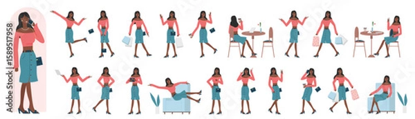 Fototapeta African american black busy business lady character in different situations and postures set vector illustration. Cartoon sad and happy female corporate worker, executive manager talking showing poses