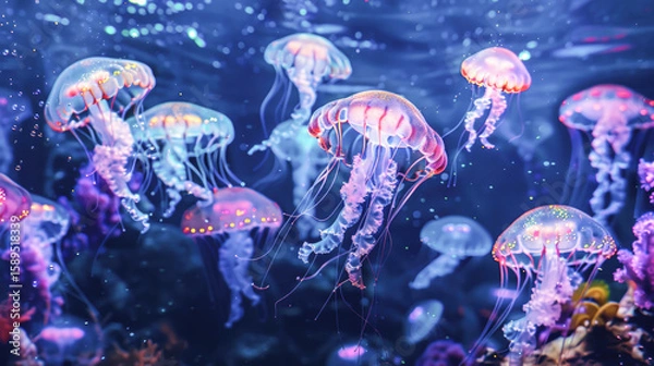 Obraz Translucent jellyfish shine with glowing pastel lights in a peaceful, vibrant underwater scene