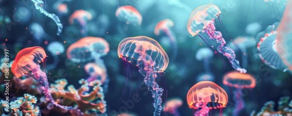 Obraz Softly illuminated jellyfish swim with glowing colors in a peaceful, surreal underwater environment.