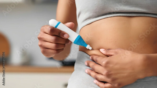 Fototapeta Close-up a black woman using an auto-injector pen to administer a subcutaneous injection into her abdomen, a home setting. Medical self-care, insulin injection, hormone therapy, or diabetes management
