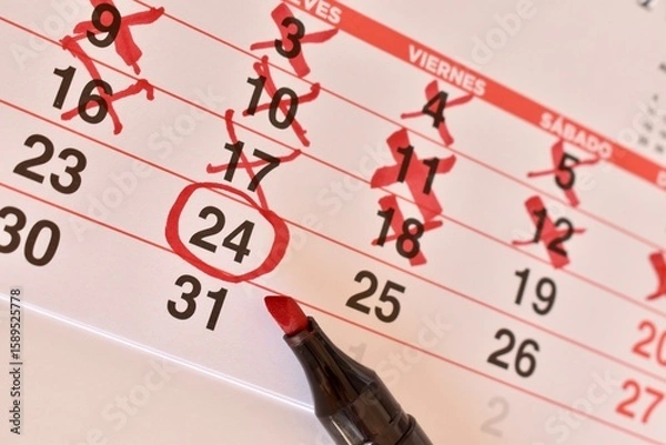 Fototapeta Marked calendar showing past days crossed out and a special date highlighted. Represents waiting and preparation. Calendar is labeled in Spanish.