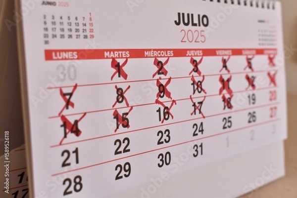 Fototapeta Red crosses on calendar days. Countdown to a special date, anticipation, and time tracking.