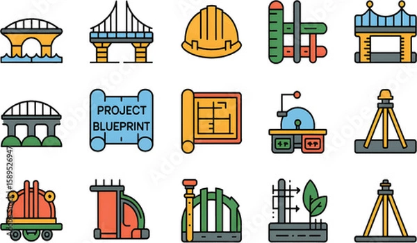 Obraz Civil Engineering Tools Icon Set – Flat Vector Illustrations of Construction Equipment, Surveying Tools, and Structural Design Elements