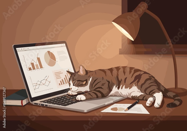 Fototapeta Home office interior in flat vector style. There is a laptop with charts and notes on the table, and a plump tabby cat is stretched out on it, interfering with work.
