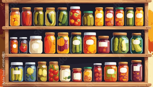 Obraz Shelves full of colorful homemade canned vegetables and fruits in jars for food preservation