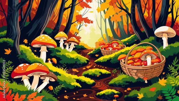 Obraz Mushroom picking scene in a colorful autumn forest with baskets of fungi along a winding path