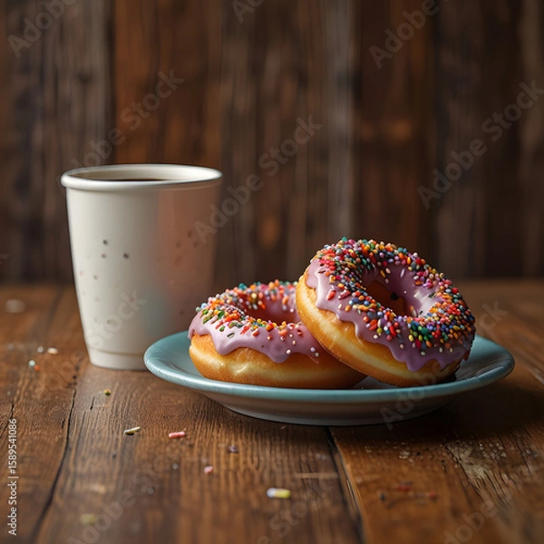Fototapeta Two Sprinkle Donuts and Coffee Cup on Rustic Wooden Table