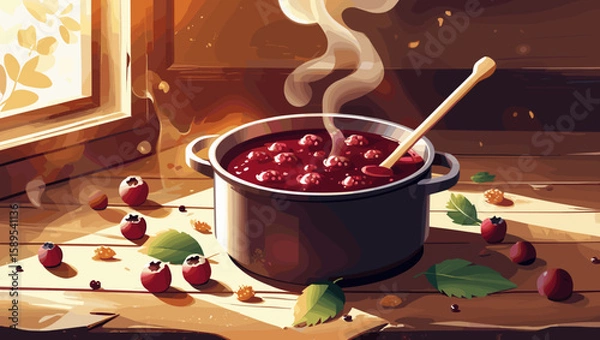 Obraz Cooking jam in a black pot with steaming berries on a wooden table near a sunlit window