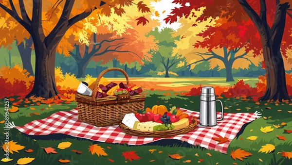 Obraz Autumn picnic setup with a basket and fresh fruits on a blanket in a colorful park surrounded by trees