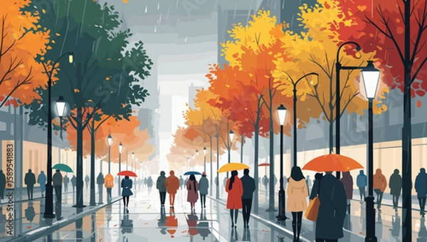 Obraz People walking with umbrellas on a rainy autumn day in a city street lined with trees and lampposts