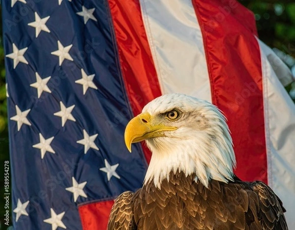 Obraz Bald eagle facing right, American flag background