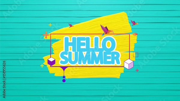 Fototapeta Hello Summer Vector Background, Label on Colorful Wooden Floor.