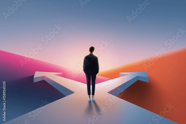 Fototapeta Person standing at a crossroads facing two divergent paths, symbolizing decision-making and life choices