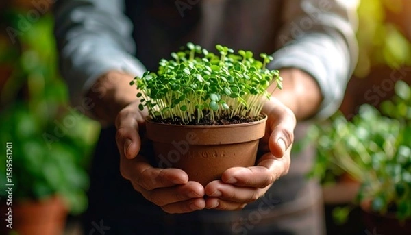 Obraz A person holding a small terracotta pot with sprouts