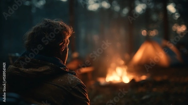 Fototapeta Man in warm jacket sitting by campfire at campsite with tent in background