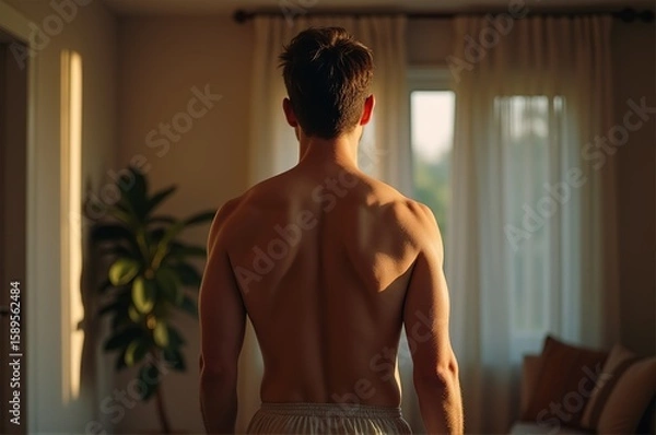 Obraz A man stands in a cozy living room as the sunset casts a warm glow around him. Soft light shines through sheer curtains, creating a peaceful and reflective moment
