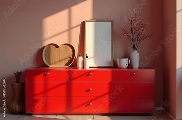 Obraz In a cozy room filled with soft afternoon light, a striking red dresser holds charming decor including a heart-shaped tray and a vase of pink branches. The warm atmosphere invites creativity