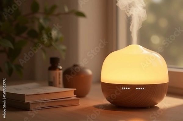 Obraz Soft mist rises from a stylish diffuser on a wooden desk, creating a tranquil atmosphere in a bright workspace. Sunlight streams in, enhancing relaxation vibes