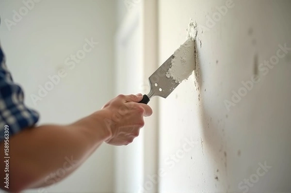 Obraz A person is diligently repairing wall damage using a putty knife, focused on creating a smooth finish in a well-lit interior space. Sunlight streams in, enhancing the atmosphere of improvement