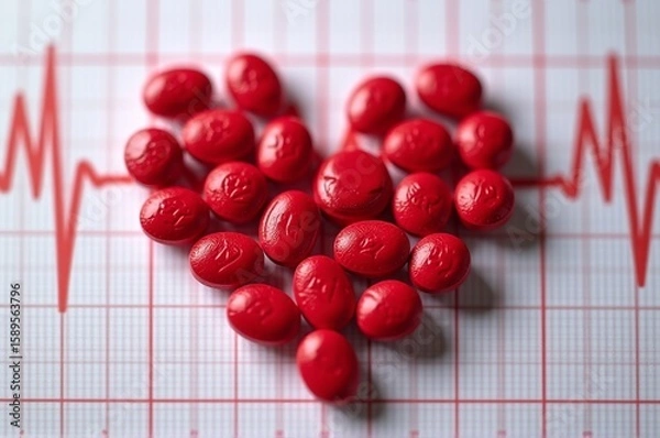 Obraz Bright red candies shaped like hearts are carefully arranged to form a love symbol on a heartbeat graph, conveying themes of affection, health, and emotional connection in a playful manner