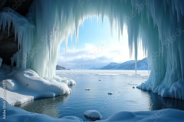 Obraz Glacial formations frame a tranquil body of water, reflecting ethereal blues under a bright sky. Soft snow blankets the surrounding landscape, enhancing the serene beauty of winter's embrace