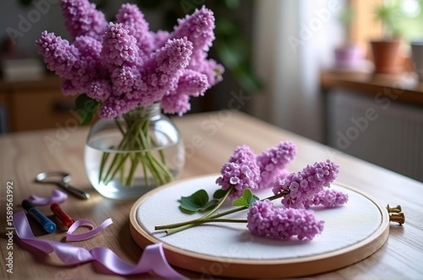 Obraz A beautiful vase filled with fresh lilacs sits on a wooden table, enhancing the warm and inviting ambiance of a sunlit craft space. Nearby, ribbons and tools hint at creative projects