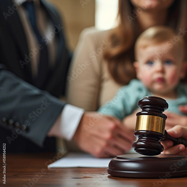 Obraz A father and mother engage in a court session focused on child custody while their baby attentively watches. The atmosphere reflects both tension and care for family matters