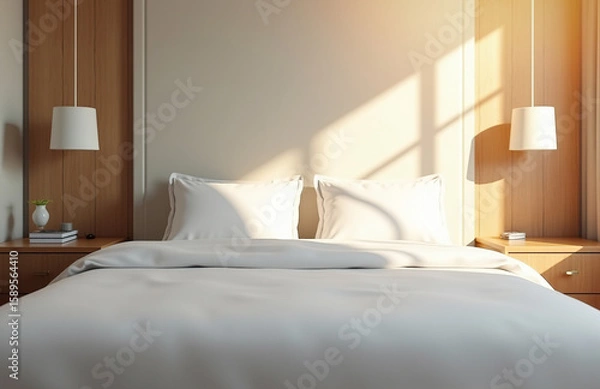 Obraz Soft sunlight filters through the window, casting a warm glow over a neatly arranged bed with white linens. Minimalistic decor and natural wood accents create a tranquil ambiance