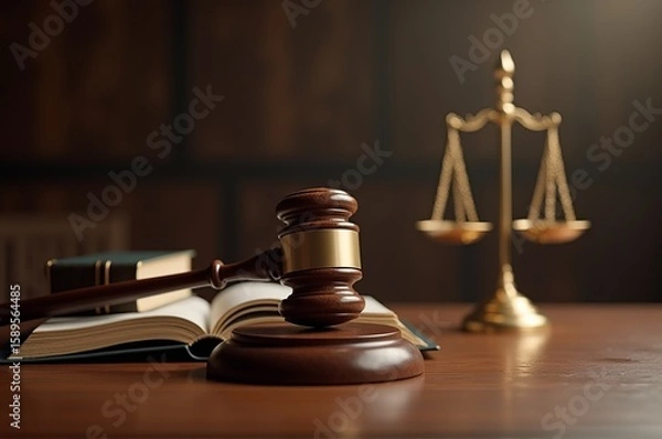 Obraz A gavel lies atop an open legal book, with a golden scale of justice positioned nearby, all illuminated by soft light in a professional courtroom atmosphere, imbued with a sense of authority