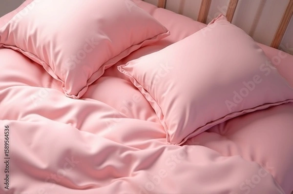 Obraz A cozy bed dressed in soft pink bedding creates a peaceful atmosphere, while fluffy pillows offer comfort, perfect for a restful night or lazy afternoon