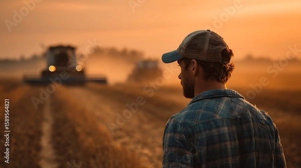 Fototapeta Farmer in a cap watches combine harvesters working in a field at sunset