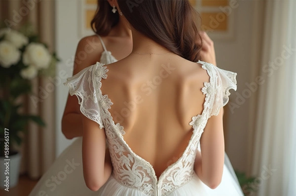 Obraz A bride prepares for her special day, adorned in a stunning gown with exquisite lace accents, while surrounded by a tranquil atmosphere and blooming flowers