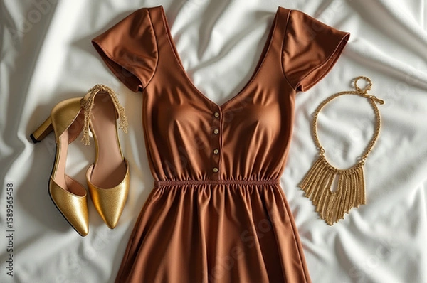 Obraz A lovely brown dress with short sleeves is paired with elegant golden heels and intricate jewelry, creating a stunning ensemble for a special evening event or gathering