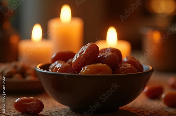 Obraz A beautiful bowl filled with vibrant orange fruits rests on a textured surface, illuminated by flickering candlelight. The soft glow enhances the peaceful atmosphere of the cozy setting