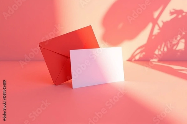 Obraz A vibrant red envelope stands upright beside a blank card, both placed on a smooth pink surface. Soft afternoon sunlight filters through, creating gentle shadows that enhance the composition