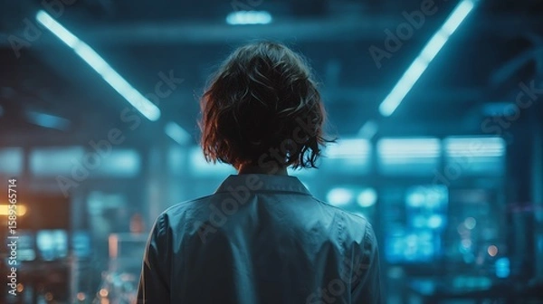 Fototapeta Scientist in a futuristic laboratory with blue neon lights